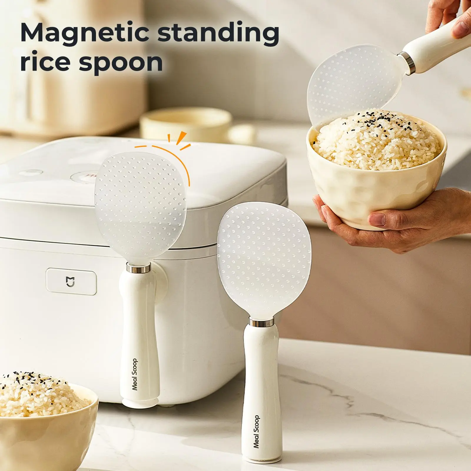 Magnetic self-standing rice spoon/scoop—nonstick, high-temperature resistant, silicone composite construction. Multifunctional kitchen utensil suitable for rice cookers, home cooking, and everyday restaurant use. BPA-free, food-grade cookware.