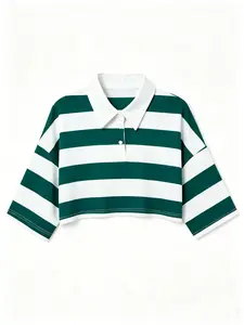 American Street Style Colorblock Striped Loose Fit Polo Shirt, Half Sleeve Drop Shoulder, Summer Casual Wear for Women