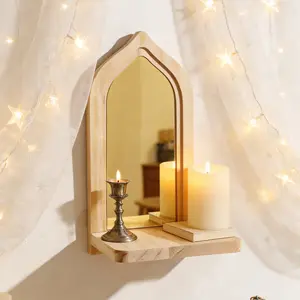 Bohemian Arched Wood Mirror with Floating Shelf, Wall Mounted Decorative Mirror, Rustic Wooden Frame Arch Mirror for Home Bedroom Corridor Decoration