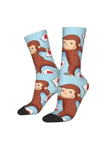 Funny Curious Monkey Men Socks, Cute Brown Chimpanzee Jungle Gift, Classic Childhood Cartoon