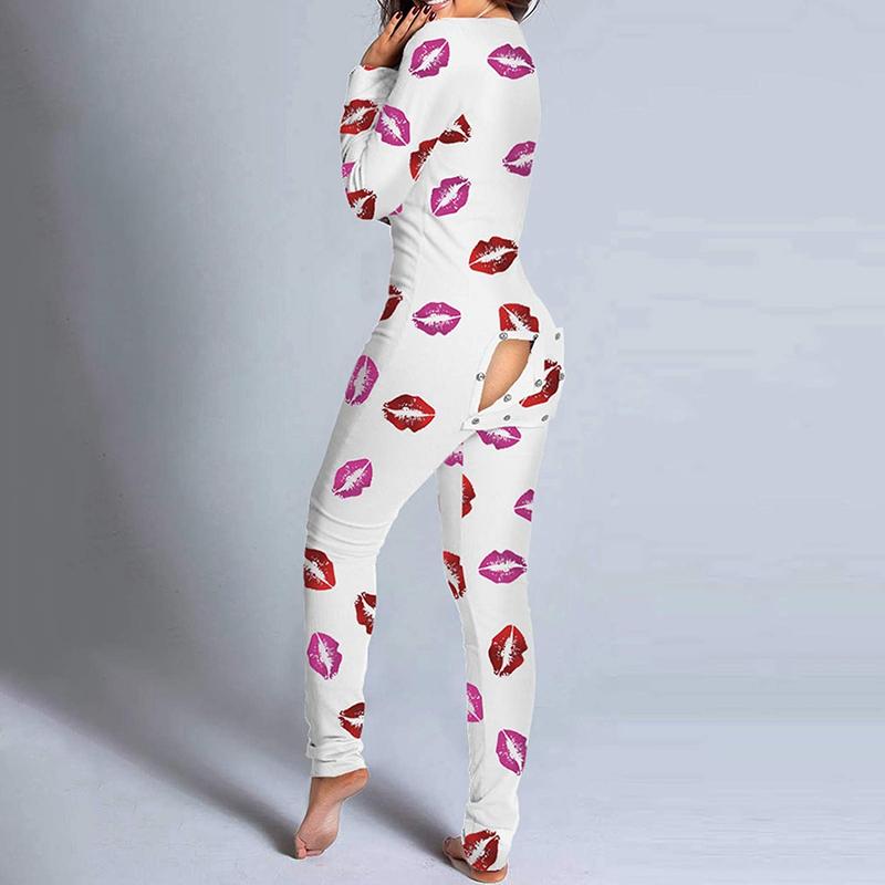 Women's Sexy Butt Button Back Flap Jumpsuit Cute Print V Neck Long Sleeve Romper Xmas Onesie Pjs Christmas Bodycon Pajamas  Holiday Sleepwear Loungewear Homewear Polyester Womenswear Comfortable