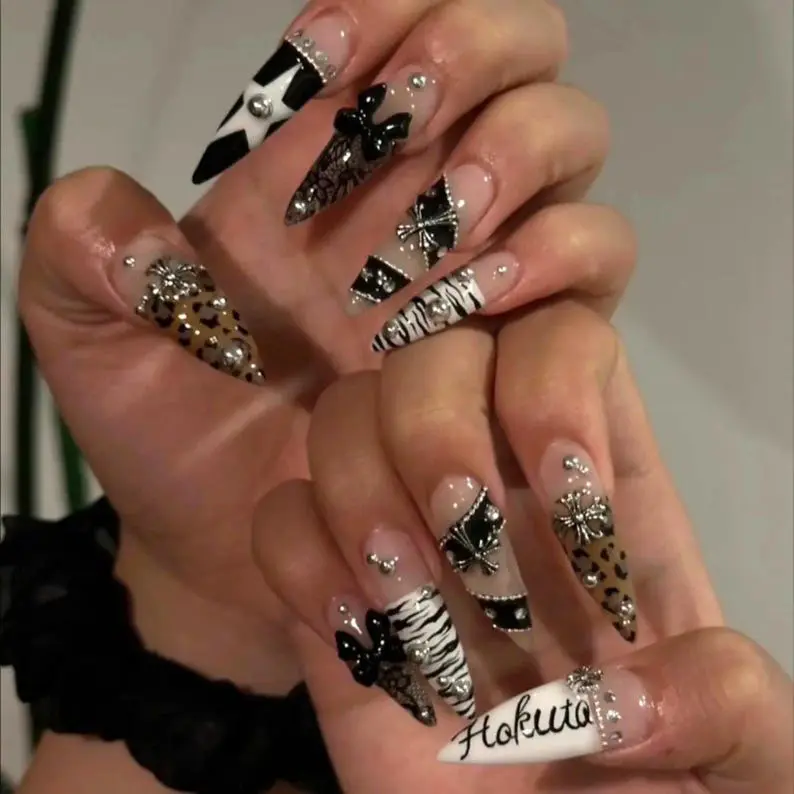 Handmade Gyaru Press On Nails | Leopard Zebra Bow Nails, Gothic Coquette Y2K Style, Long Stiletto Reusable Fake Nails