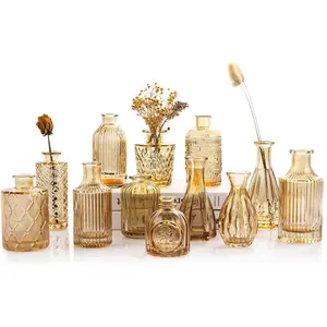 Gold Amber Glass Bud Vases Set of 12, Small Vases for Flowers, Champagne Mini Vintage Vases for Centerpieces,Bud Vase in Bulk for Wedding Decor,Single Flowers,Office and Home Table Flower Décor Ornaments 12Pcs-Blue