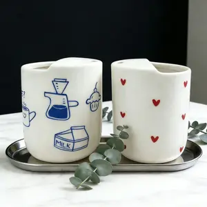 Hand-Painted Ceramic Toothbrush Holder – Striped & Heart Design Bathroom Organizer, Cute Stained Ceramic Cup for Heat-Resistant  opaque Glass Mug Storage