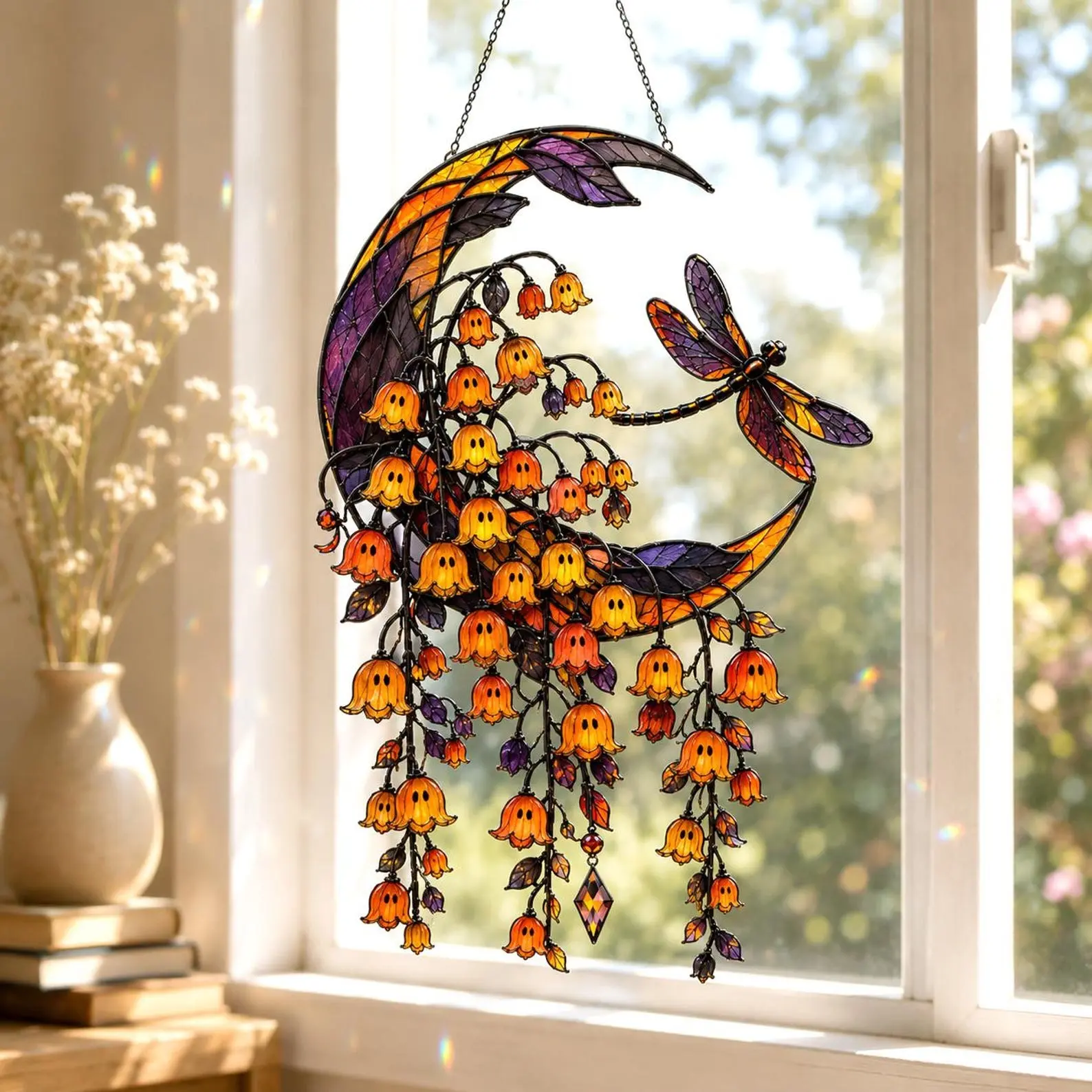 Halloween Moon and Dragonfly Suncatcher, Stained Glass Floral Window Hanging, Spooky Orange Flower Decor, Gothic Fall Ornament Marc Marin