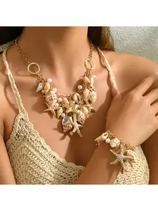 European and American Ocean Style Women's Necklace Bracelet Set Personalized Starfish Shell Set with Pearl Design Neck Chain Jewelry