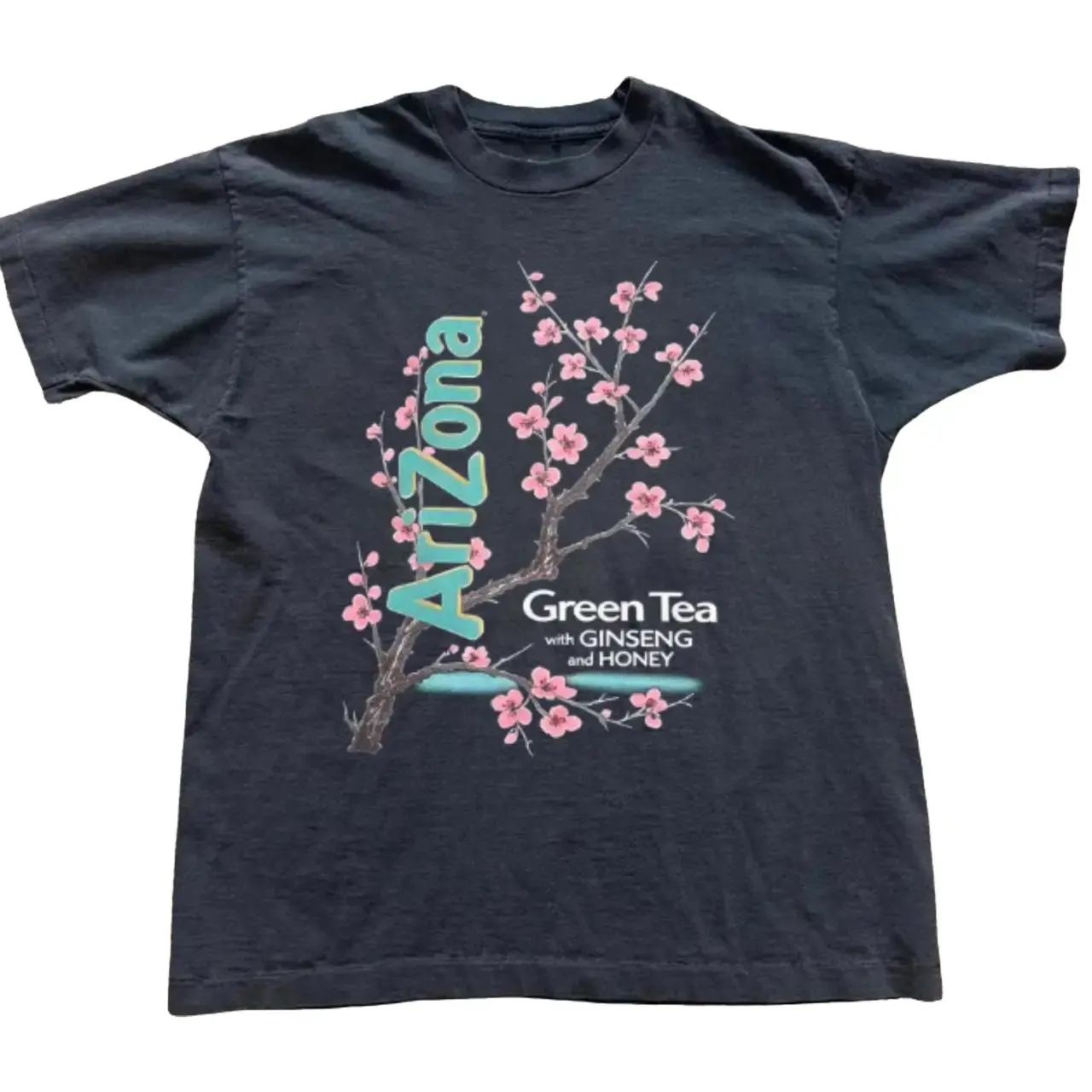 Vintage AriZona Green Tea Graphic Tee, Retro 90s Iced Tea Beverage T-Shirt, Cute Pink Cherry Blossom Sakura Flower White Gildan Top