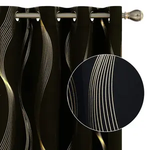 1 count 100% Blackout Curtains , Golden Wave Stripe Print Thermal Insulated & Soundproof Drapes with Grommets for Living Room & Bedroom, Room Decor Curtain