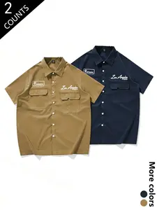 Men's Vintage Los Angeles Work Shirt, Short Sleeve Button-Up, Retro Mechanical Style, Casual Streetwear, Two Chest Pockets, Summer Essential