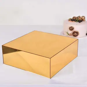 Acrylic Cake Box Stand Pedestal Riser 14"x14" Mirror Finish Gold - Hollow Bottom Display for Desserts