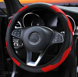 Carbon Fiber Sports Car Steering Wheel Cover - No Inner Ring, Universal 38cm, Sporty Red Design, All-Season Use, Easy Installation