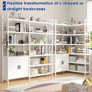 White Farmhouse L-Shaped Corner Bookshelf - 71.3 in Tall, 10 Storage Shelves, 2 Barn Doors, Storage Cabinet, Metal Frame Etagere