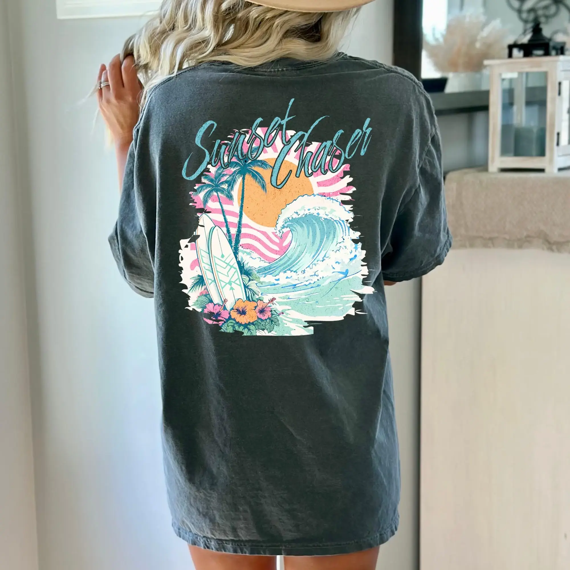 BojjiCo Women's Oversized Ribbed Round Neck Aqua Teal Cotton Pullover Shirt - Breathable Fabric, Vintage Sunset Chaser Surfboard Ocean Waves Graphic, Casual Coastal Preppy Apparel, Kangaroo Pocket, Matching Wrap, Beach Vacation Top