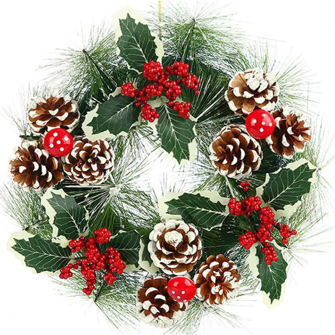 12” Christmas Wreath Berry Wreath Handmade Floral Front Door Rustic Wreath Flocked with Mixed Decorations Christmas Decorations