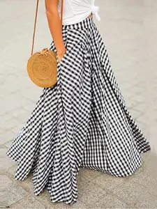 Women's Plaid Print Elastic Waist Side Pocket Maxi Skirt, Casual Long A-Line Dress, Spring & Fall Fashion, Comfortable Fit