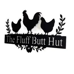 The Fluff Butt Hut Metal Chicken Coop Sign with Silhouette of Three Chickens and Floral Design