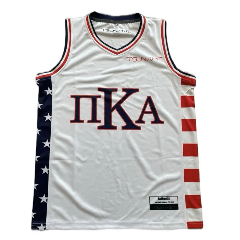 PIKE Fraternity Custom White USA Jersey - American Flag Design, Red-Blue Trim, Authentic Look, Quick-Dry Microfiber Fleece Fabric, UV-Protective, Water-Resistant for Frat Members, USA Supporters
