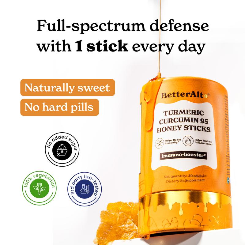 BetterAlt Curcumin95 Honey Sticks | All Season Immunity Support | Turmeric, Black Pepper & Ginger | Iron, Zinc, Vitamin B & C | 30-Day Supply