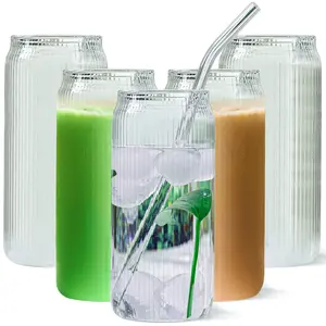Set of 6 Ribbed Glass Cups with Glass Straws - 16oz