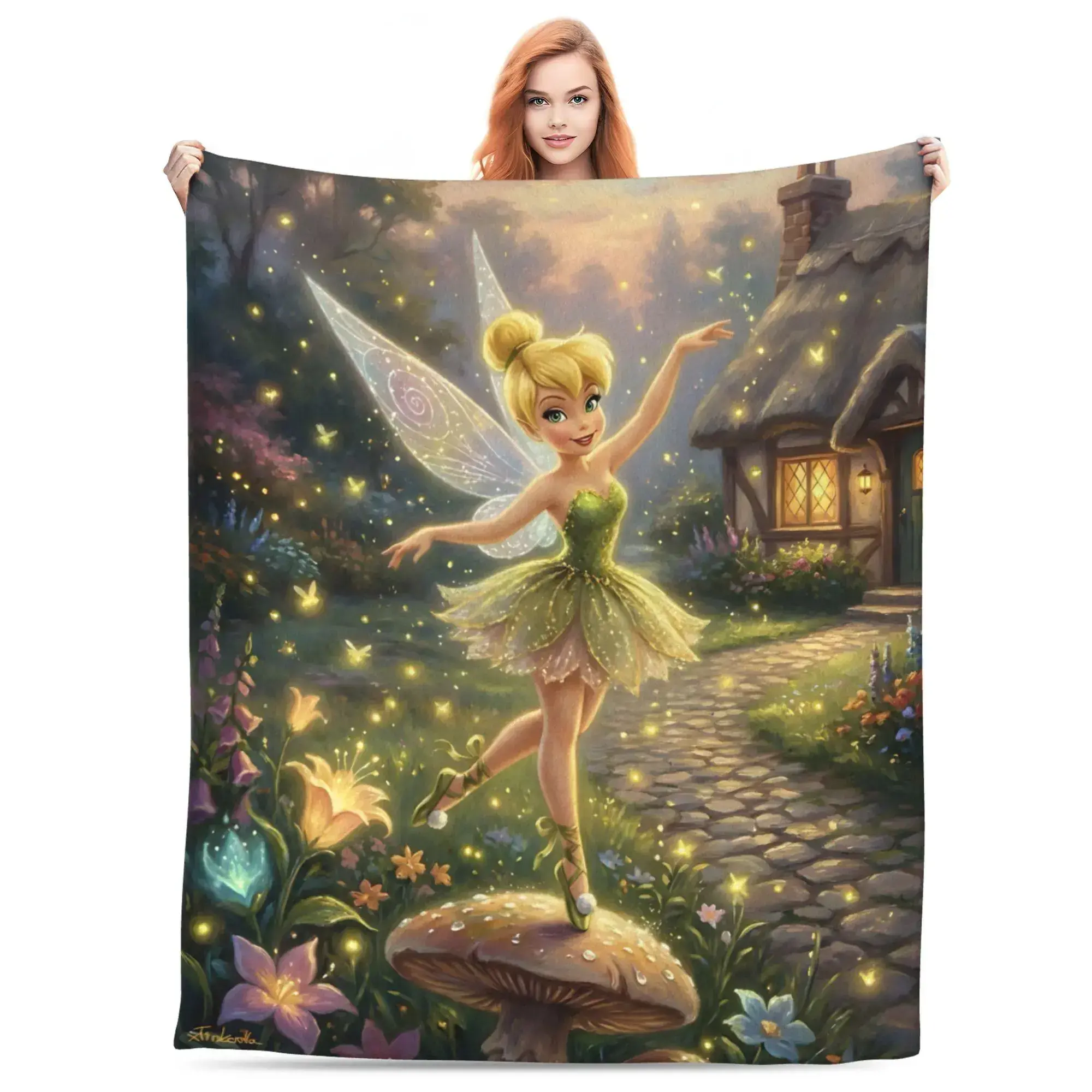 Classic Tinker Bell Plush Fleece Throw Blanket - Fairy Tale Garden Scene with Tinkerbell, Soft Warm Cozy Blanket for Kids Girls Teens Adults, Perfect Birthday Gift, Cute Cartoon Bedding for Sofa Couch Bed