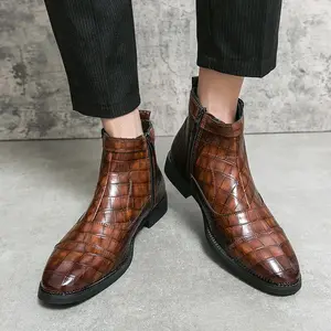 BDHJYDB Men's Slip-Resistant Crocodile-Print Mid-Calf Boots - Glossy Brown All-Season Round Toe Booties with Cushioned Insole, Elastic Sides & Non-Slip Sole for Weddings, Parties, Business & Casual Wear - Versatile All-Round Men's Footwear