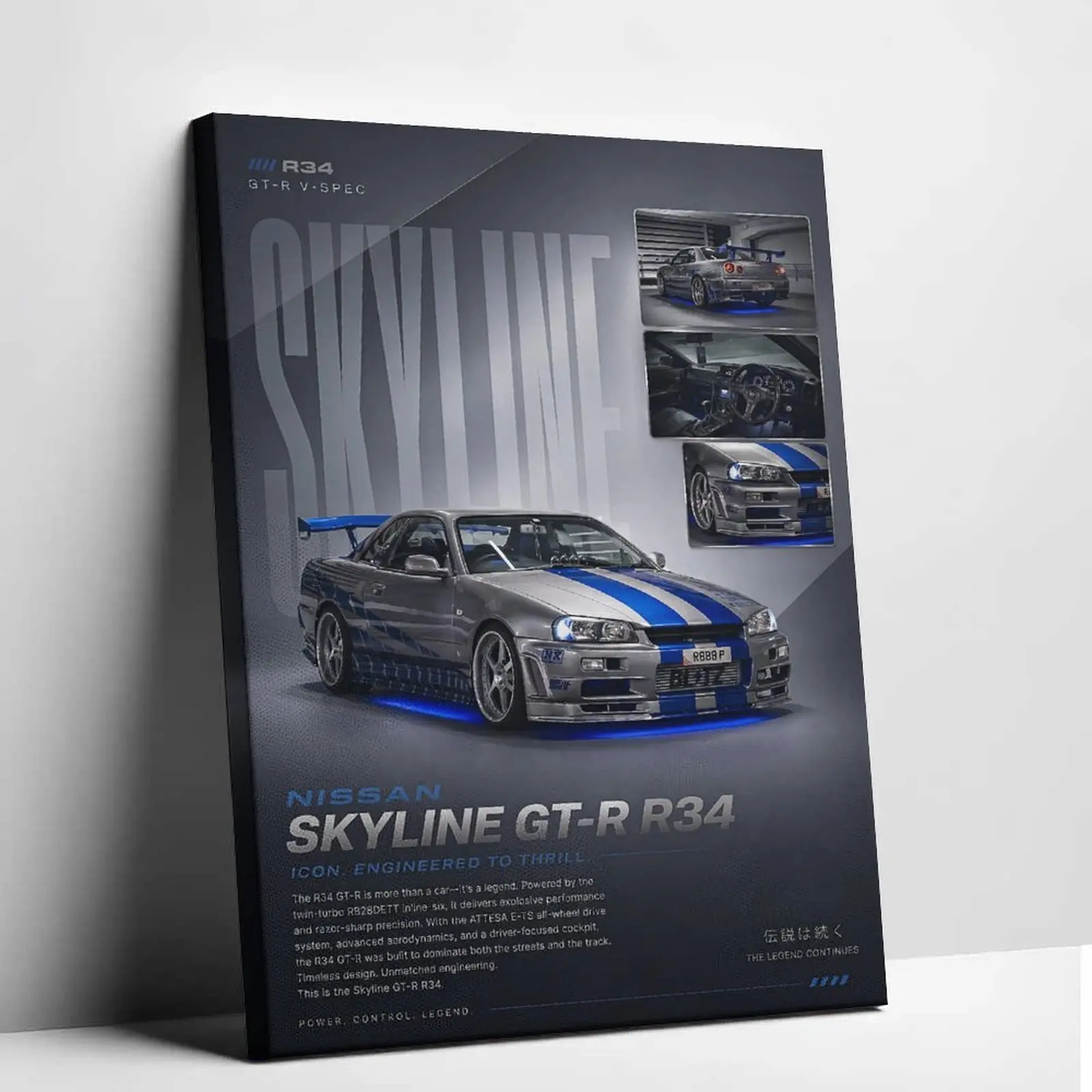 Car Poster Classic Skyline Twin Turbo Specs Canvas Print Art, High Resolution Modern Supercar Parameter Poster, Cool Garage Wall Decor, Minimalist Room Aesthetic, Office Study Space Decoration, Trendy Art Gift for Car Fans