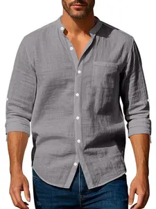 Men's Fashion Stand Collar Linen Long Sleeve Shirt, Casual Breathable Button Front Chest Pocket Top, Stylish Men's Clothing