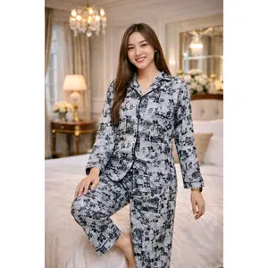 Black White Geometric Floral 3D Digital Print Full Sleeve Pajama Set – Women Premium PJ Sleepwear XL XXL (USA)
