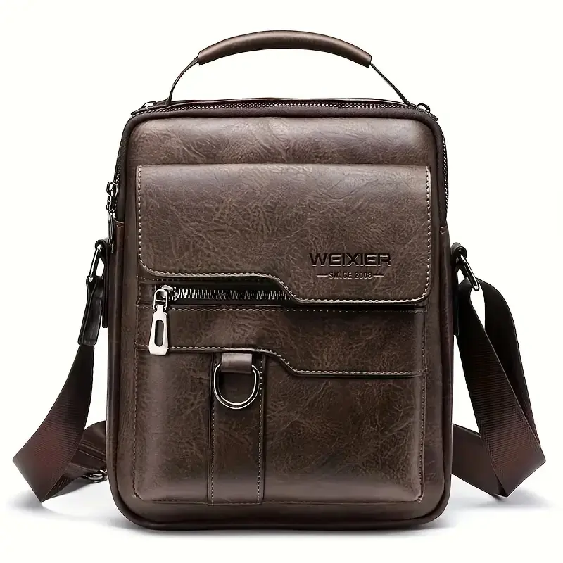 WEIXIER Business Adjustable Men's Sling Bag - Retro Crossbody Bag with Grab Handle, High-Quality PU Leather, Multi-Compartment Design for Daily Use