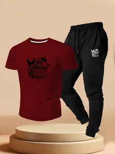 Vintage Maleficent Villain Pattern T-Shirt & Sweatpants Set, Casual Streetwear Sportswear, Summer Dark Villain Style