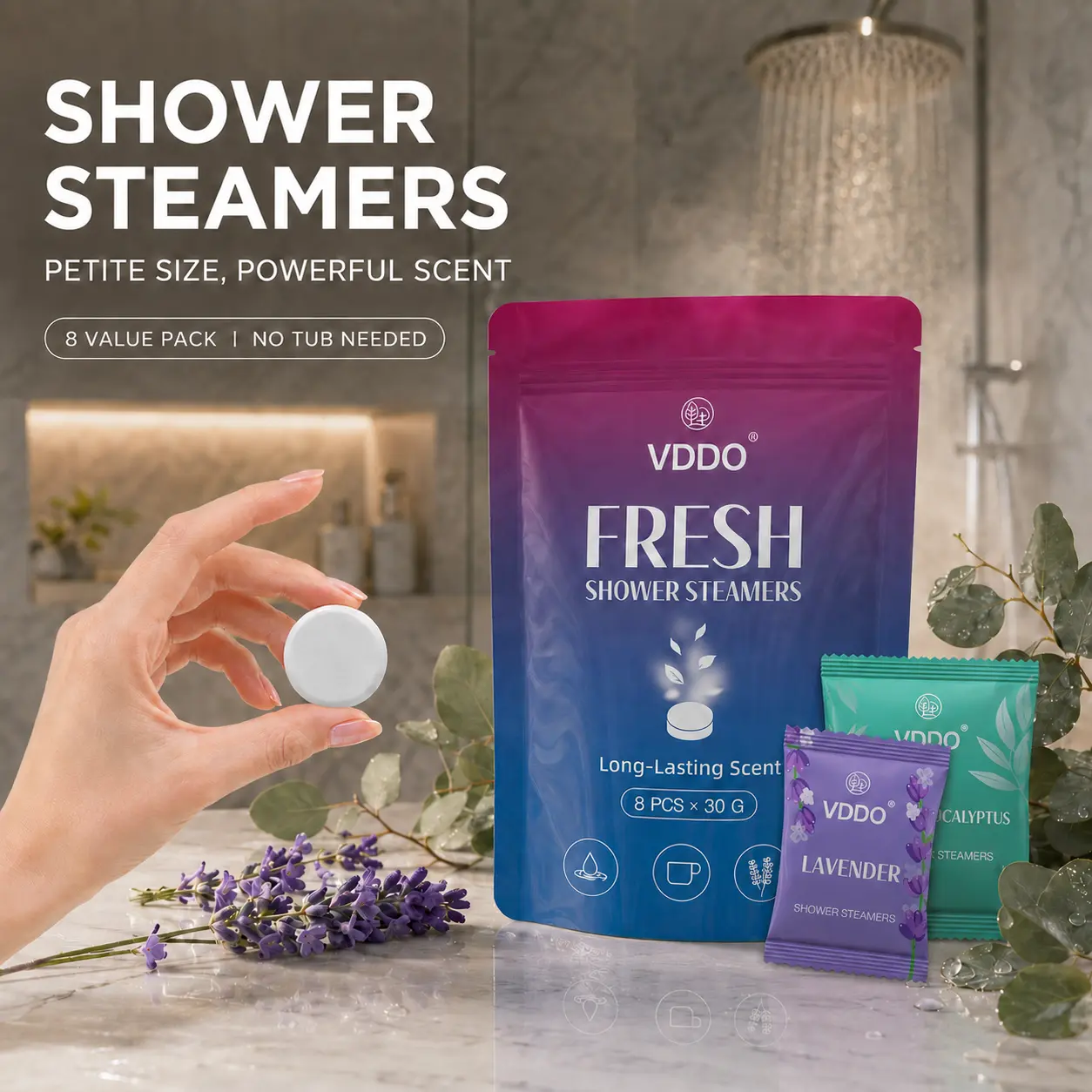 Shower Steamers Aromatherapy Spa Gift Set - Premium Essential Oils Bath Tablets for Relaxation and Stress Relief, Long-Lasting Lavender & Eucalyptus Scent, Self-Care Shower Bombs, 8-Pack (30g/Each)