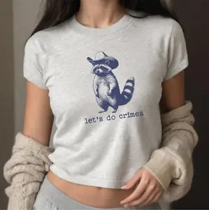 Lets Do Crimes Baby Tee, Funny Retro 90s Crop Top, Vintage Raccoon TShirt, Stupid Y2K T-Shirt, Silly Meme Shirt, Aesthetic Womens Tee