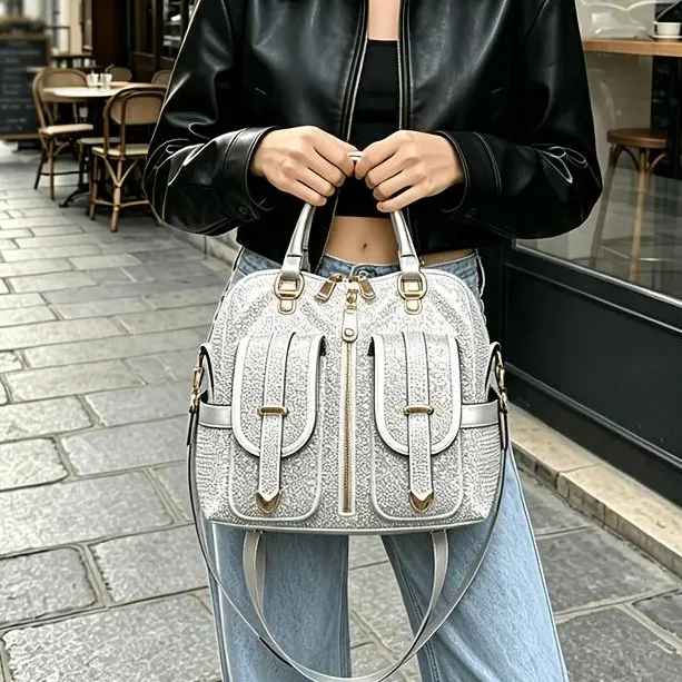 Women's Handmade Rhinestone Sequin Satchel Bag - European-American Light Luxury Chic Retro Multi-Purpose Purse, Multi-Pocket Plain Look Zip Closure Elegant Shoulder Crossbody Bag for Daily Life, Dates