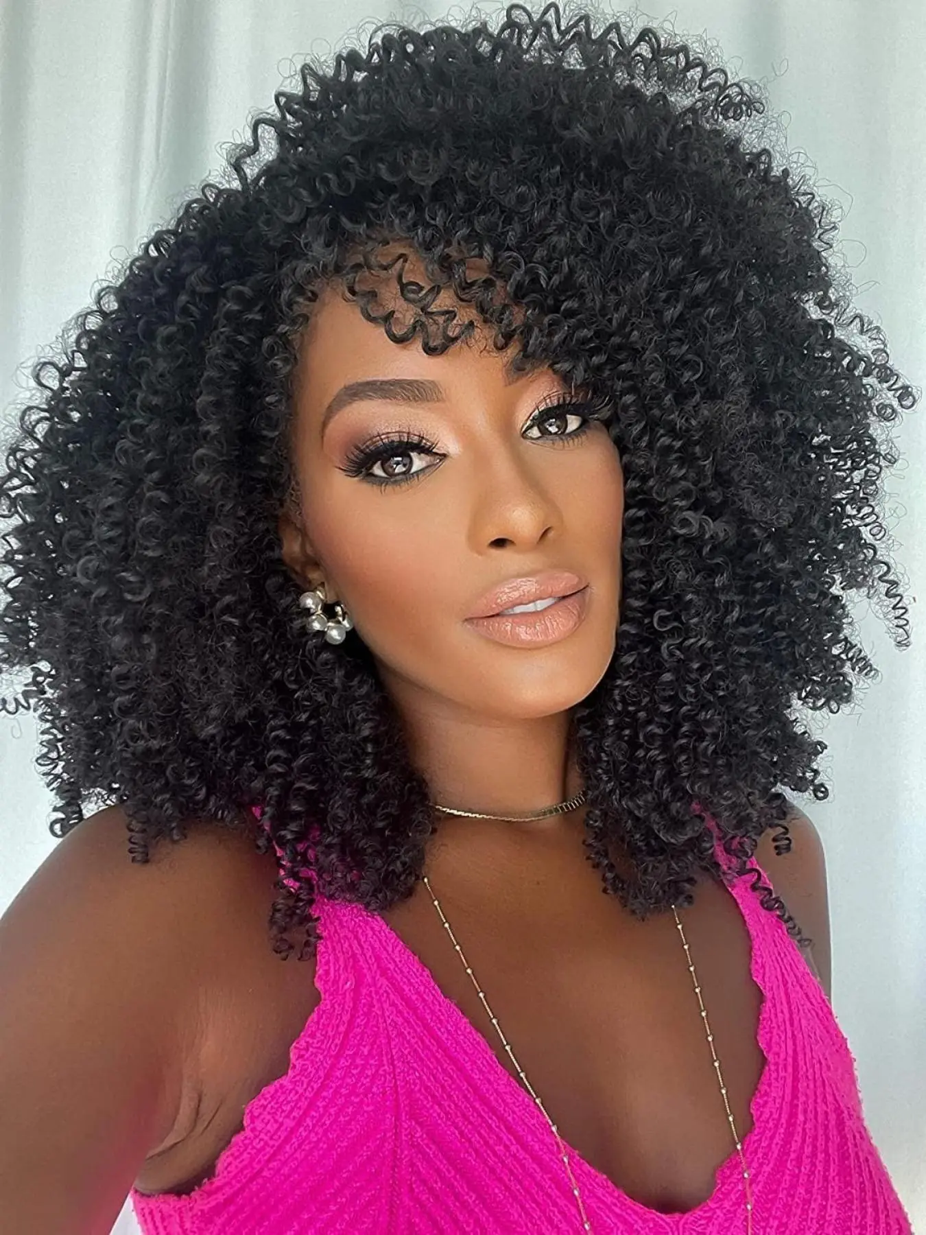 16 Inch Black Kinky Wigs, Short Kinky Curly Wigs with Bangs 
