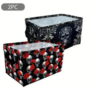 2pcs Halloween Romantic Rose Skull Print Storage Basket, Wear-resistant Oxford Cloth with Handle, bathroom organizers and storage, household items, laundry hamper, Halloween Day Gifts, Birthday Gifts, Laundry Baskets