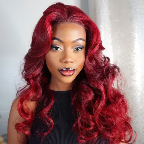 Arabella 99J# Red-on-Red Highlighted Burgundy Human Hair Lace Front Wig, 6x5 Glueless Put-on-Go, Loose Body Wave, Natural Looking Wig, Natural Looking Wigs