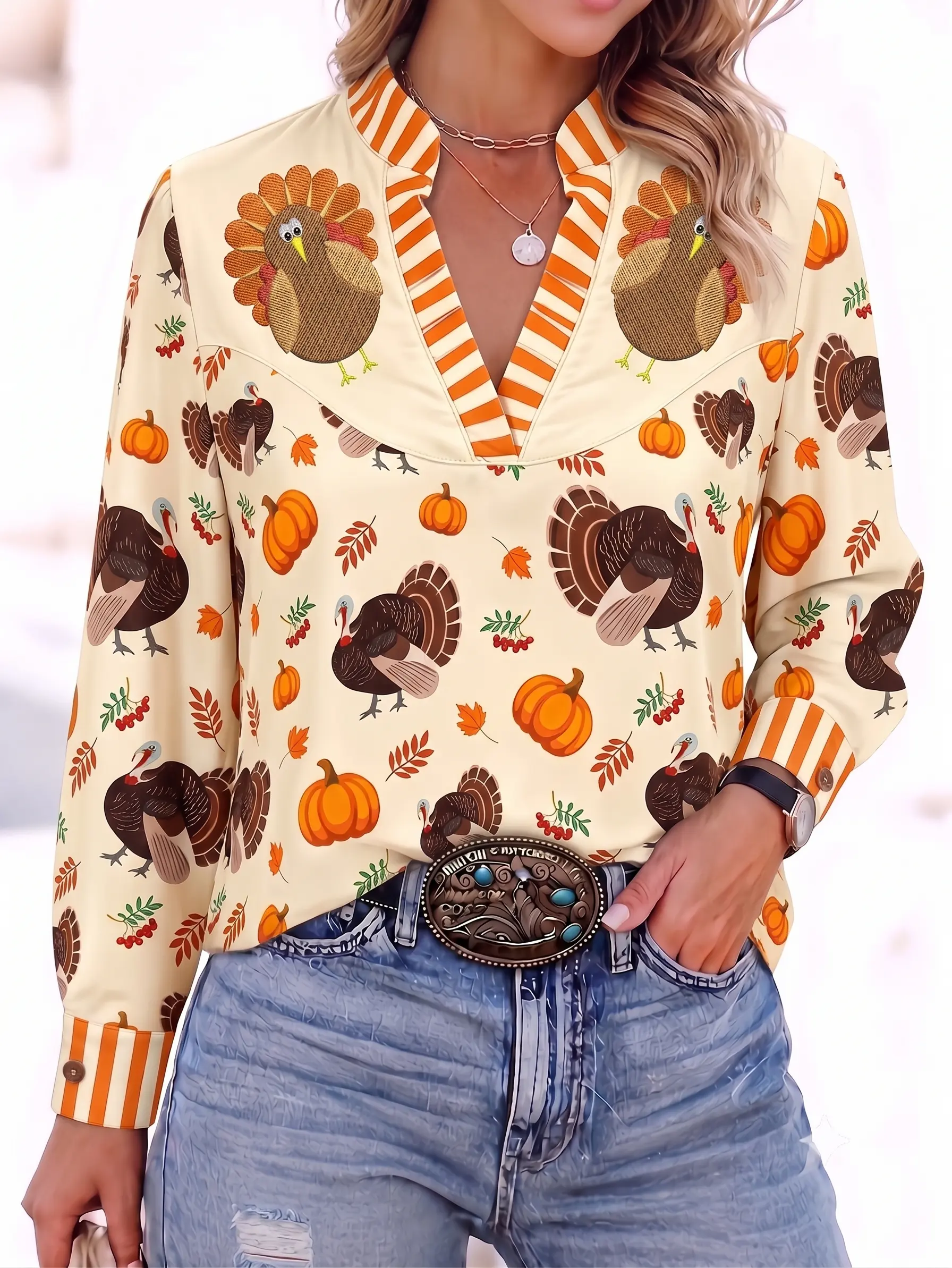 Thanksgiving Embroidered Turkey Blouse | Retro Striped V-Neck Fall Layering Top OOTD | Cozy Autumn Aesthetic Holiday Outfit