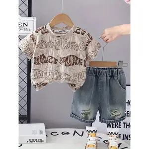 Boys' Summer Clothes Set with English Hole Short Sleeves + Denim Shorts 2pcs set, Boys' Fashionable and Cool Casual Daily Versatile Suit, Perfect for Outdoor