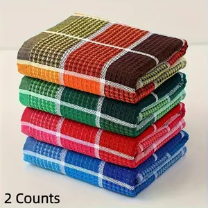 2 Counts Ultra Soft Microfiber Dishwashing Towels, Water Absorbing & Durable, Vivid Color Grid Design, Kitchen Tea Towels
