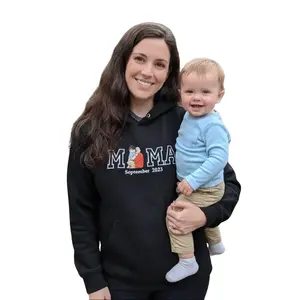 Custom Photo Embroidery Sweatshirt with Kid Name on Sleeve - Varsity Mom Dad Portrait, Personalized Embroidered Hoodie Mama and Kids Portrait, Mother's Day Gift, Gift for Her