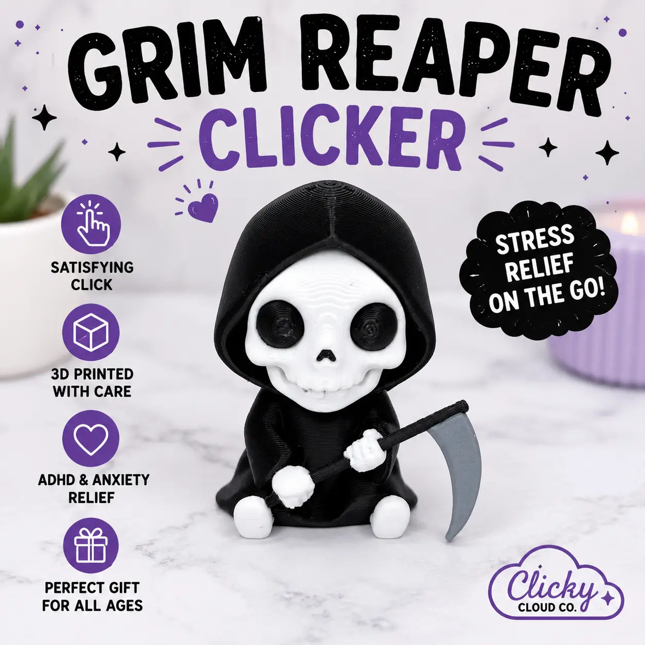 Grim Reaper Clicker Keychain | Mechanical Keyboard Fidget Toy | Cute Skeleton Keychain