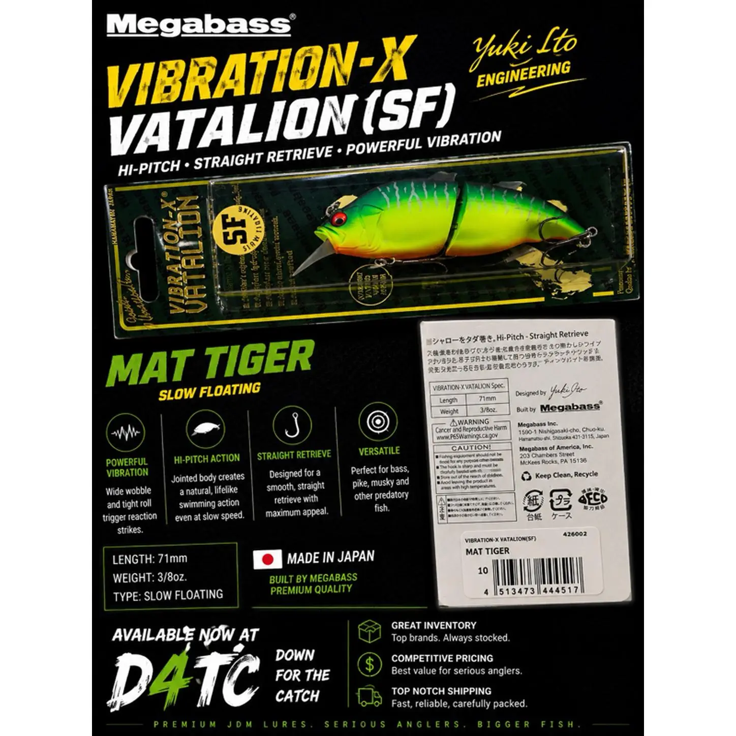 Megabass Vibration-X Vatalion SF Mat Tiger 71mm 3/8 oz Slow Floating Jointed Body Hi-Pitch Action Made in Japan
