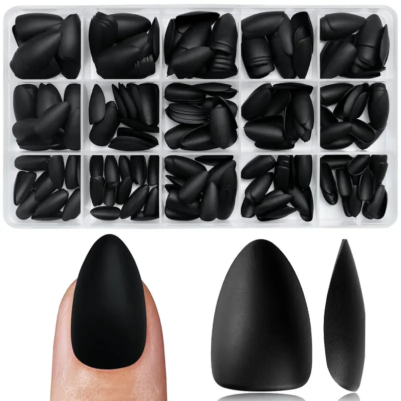 Luckforever 360Pc Almond Press-On Short Fake Nails with Glue Tabs, Short False Nails Black Acrylic XS Stiletto Artificial Nails LuckForever