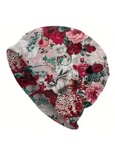 Unisex Vintage Floral Beanie Bonnet, Realistic Red Rose & White Lily Art Hat, Cottagecore Garden Aesthetic Gift, Flower Hat