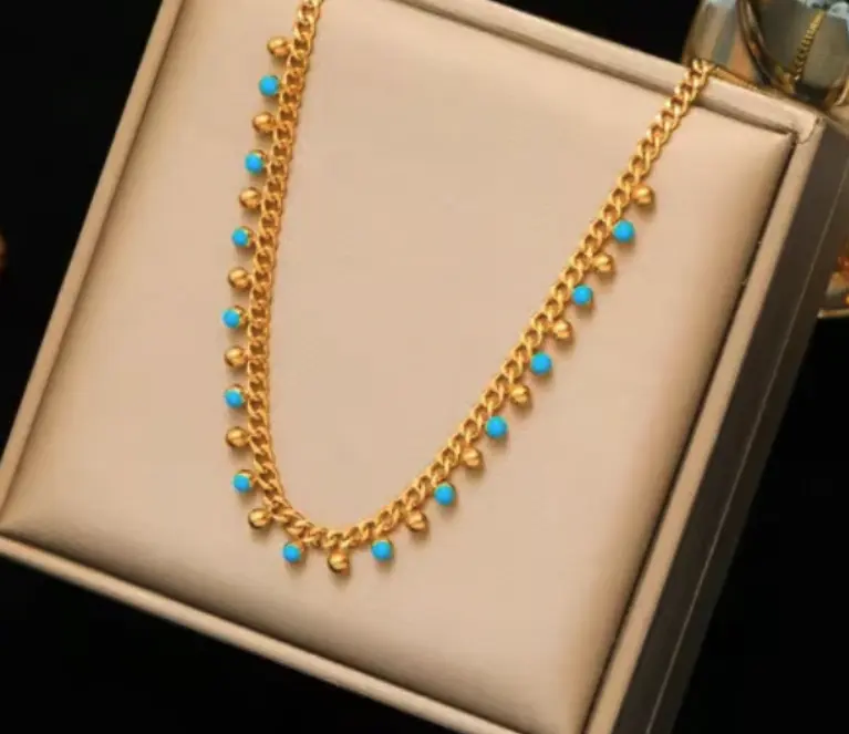 N258- 316L Stainless Steel Turquoise Balls, Gold Necklace For Women!