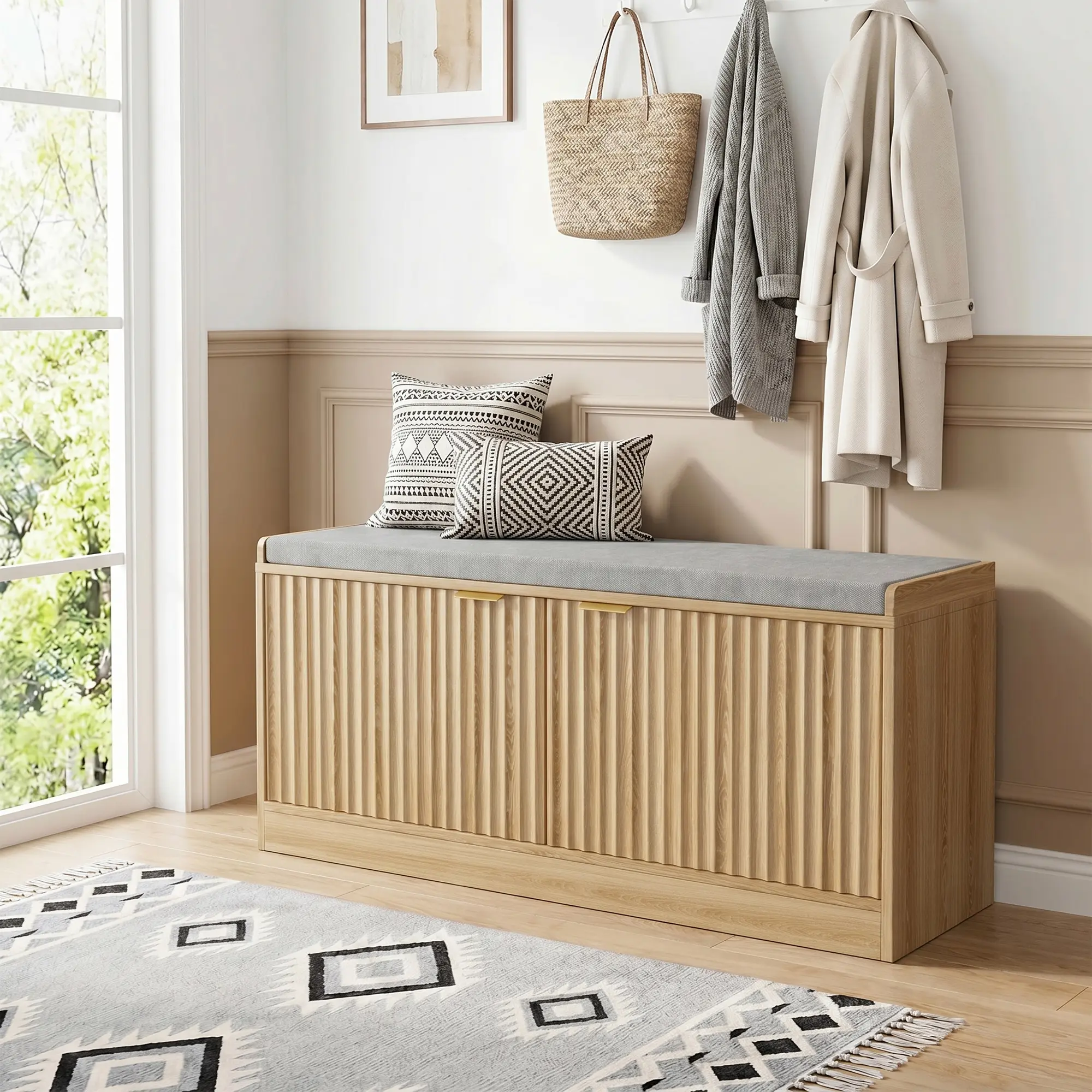 NOVAMAISON Striped Shoe Storage Bench with Cushion, Double Hidden Doors & Adjustable Shelves, Entryway Shoe Bench for Hallway Living Room Bedroom, Black White Natural Wood Available
