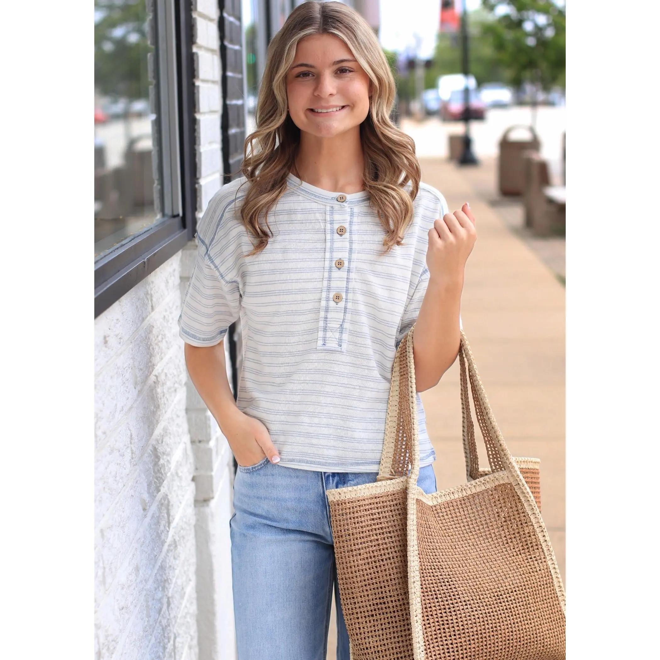 Tan Two Tone Woven Straw Tote Bag