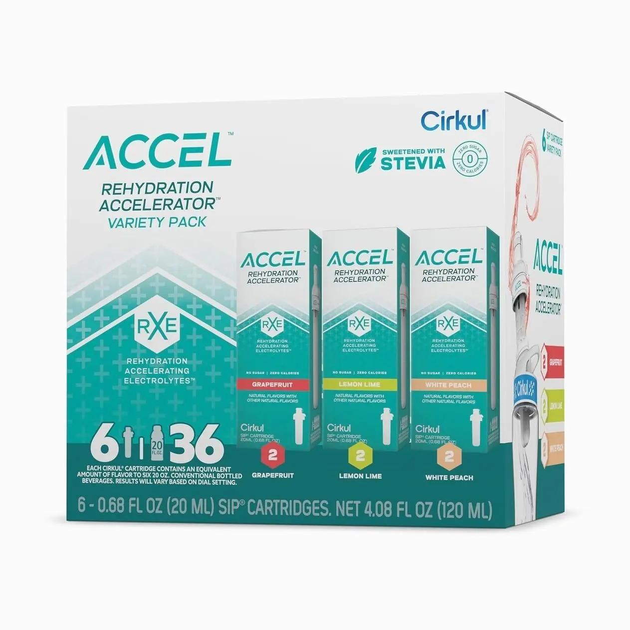 Cirkul Accel Electrolytes Flavor Water Variety Pack, Makes 36 Drinks, No Sugar, Zero Calorie Drink Mix, (2 Grapefruit, 2 Lemon Lime, 2 White Peach)