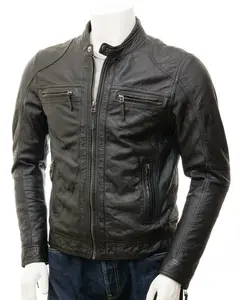 Mens Black Cowhide Leather Biker Jacket