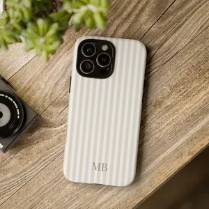 Personalized Stripe Phone Case |   Custom Initials Beige White iPhone Samsung Pixel Cover |   Classic Minimalist Gift iPhone Case Compatible with iPhone 15 16 14 17 Pro Max 13 12 11 XR AIR XS Plus Cute Soft Silicone Drop Protection Rugged and Durable